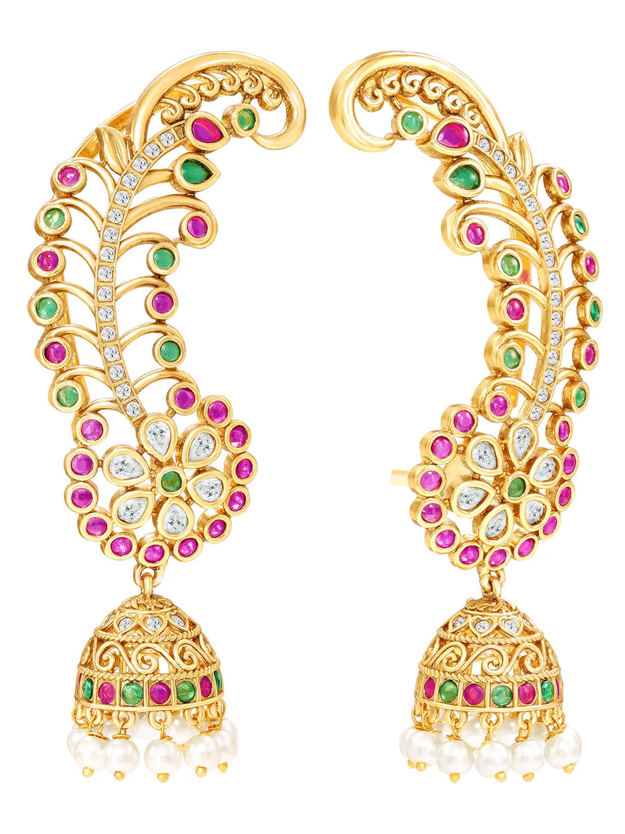 Royal Peacock Ruby & Emerald Kaan Phool Earrings
