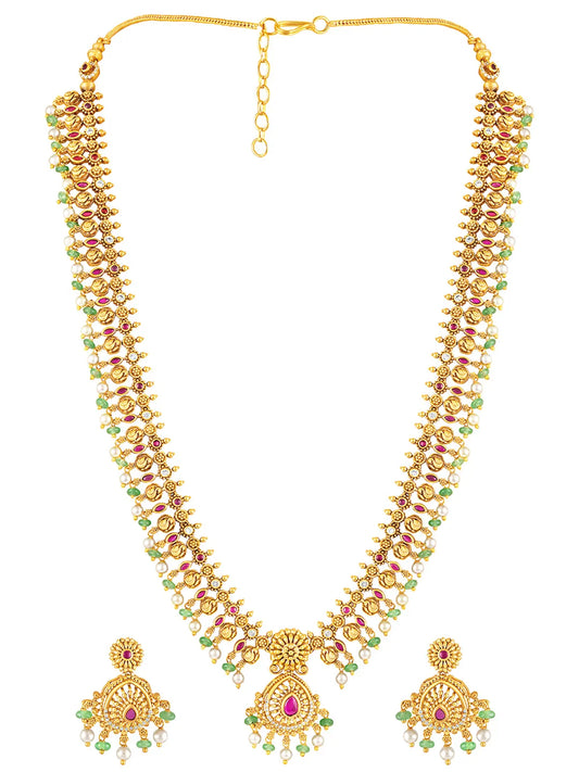 Ethnic Charm Faux Ruby Long Necklace Set - Gold