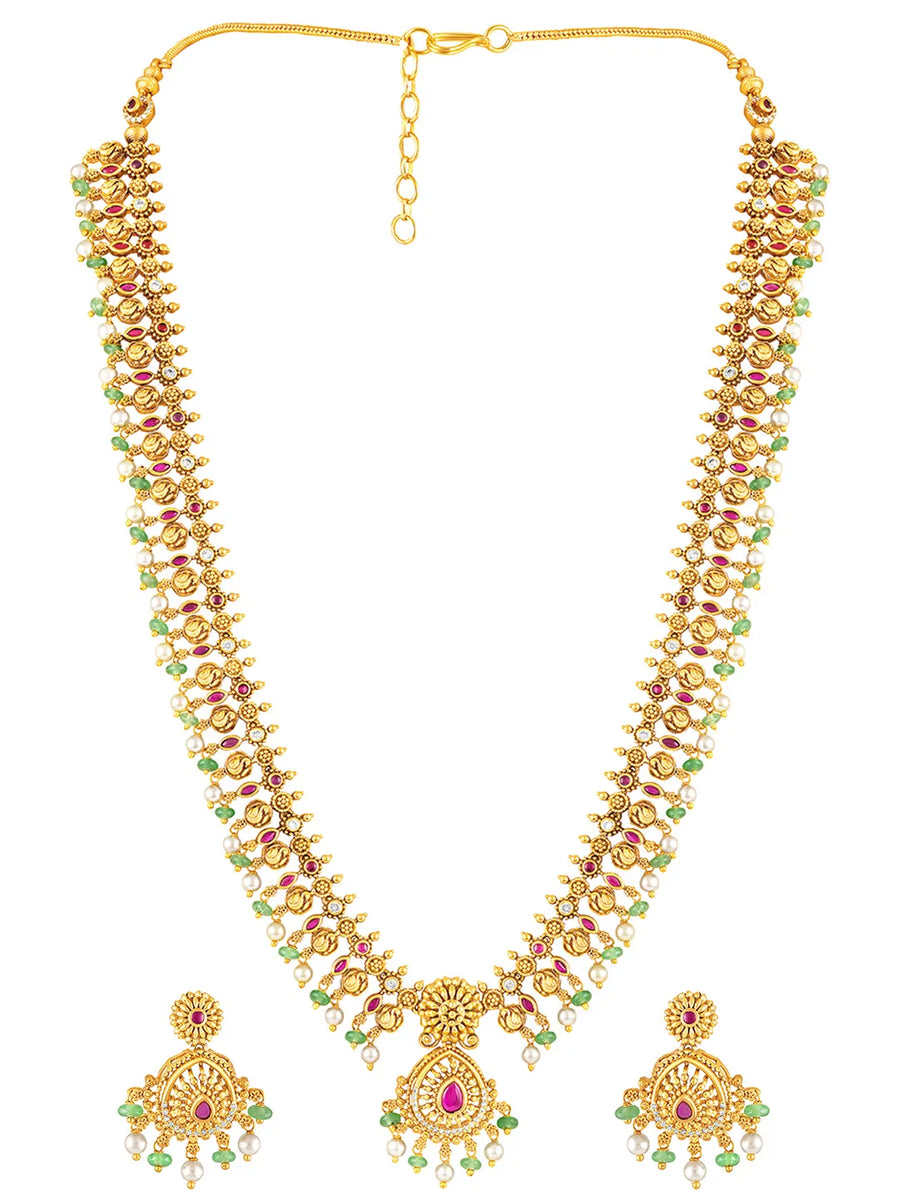 Ethnic Charm Faux Ruby Long Necklace Set - Gold