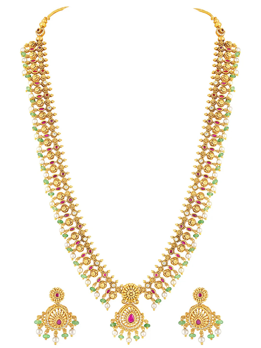 Ethnic Charm Faux Ruby Long Necklace Set - Gold