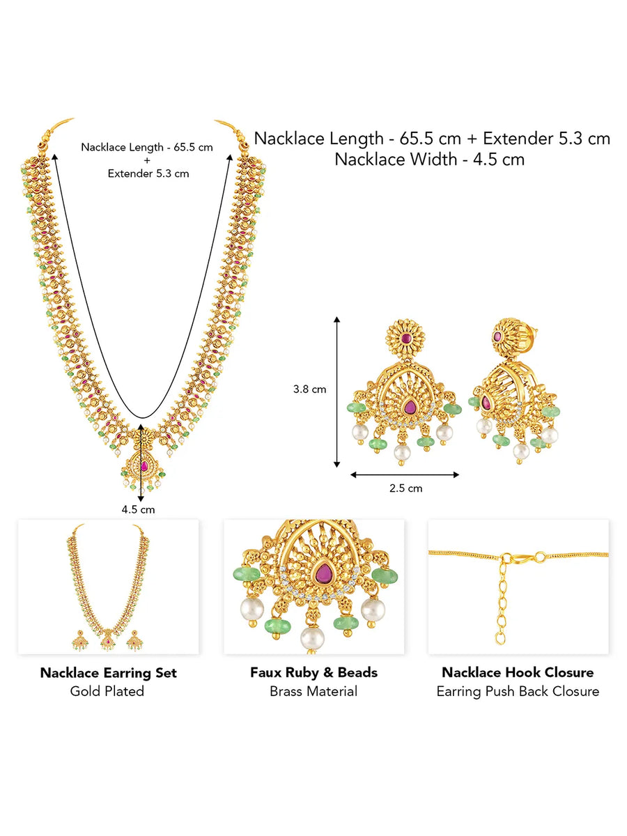 Ethnic Charm Faux Ruby Long Necklace Set - Gold