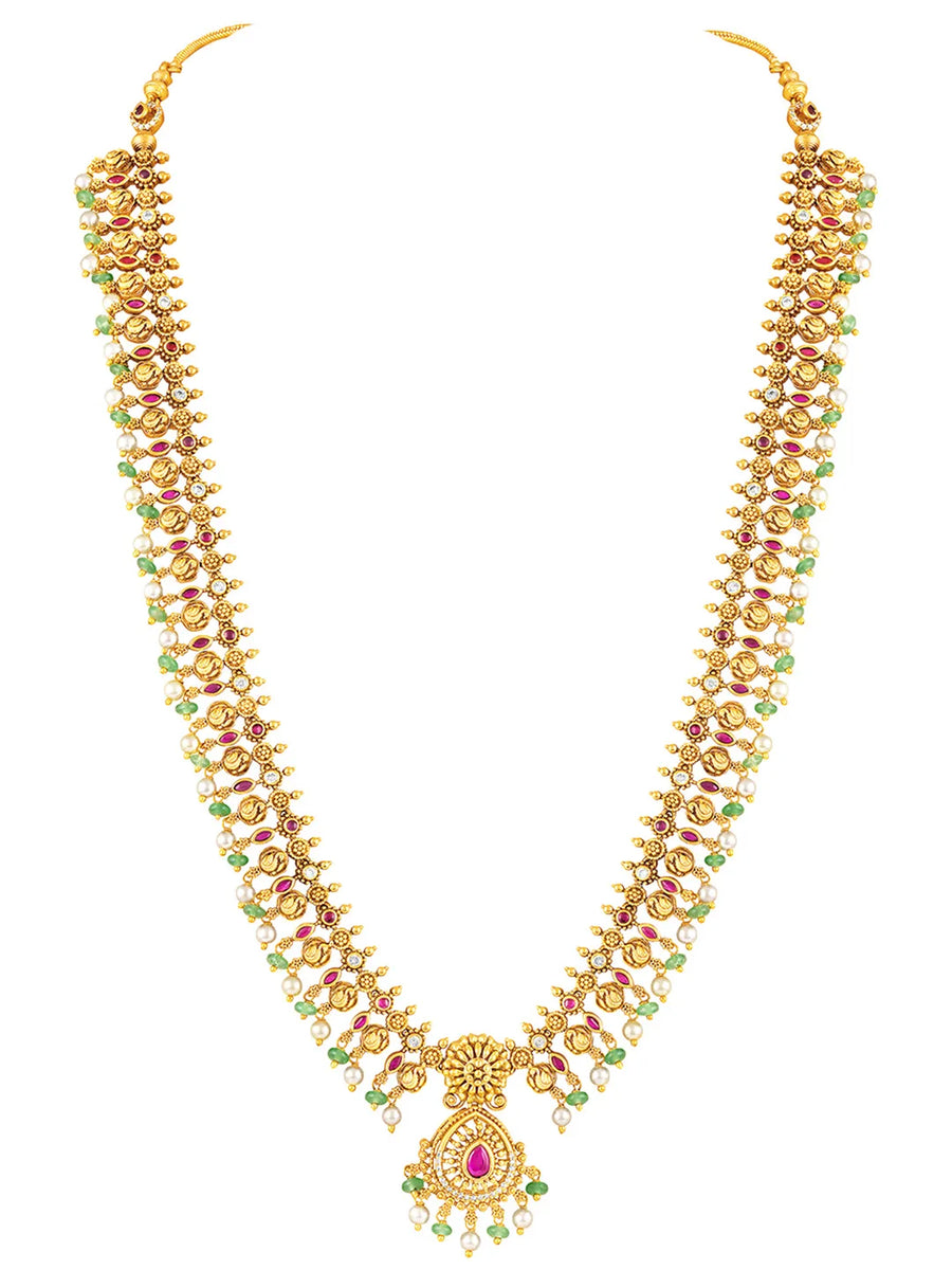 Ethnic Charm Faux Ruby Long Necklace Set - Gold