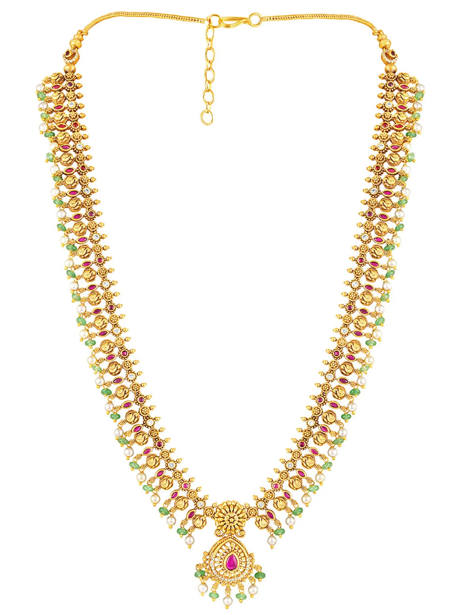 Ethnic Charm Faux Ruby Long Necklace Set - Gold