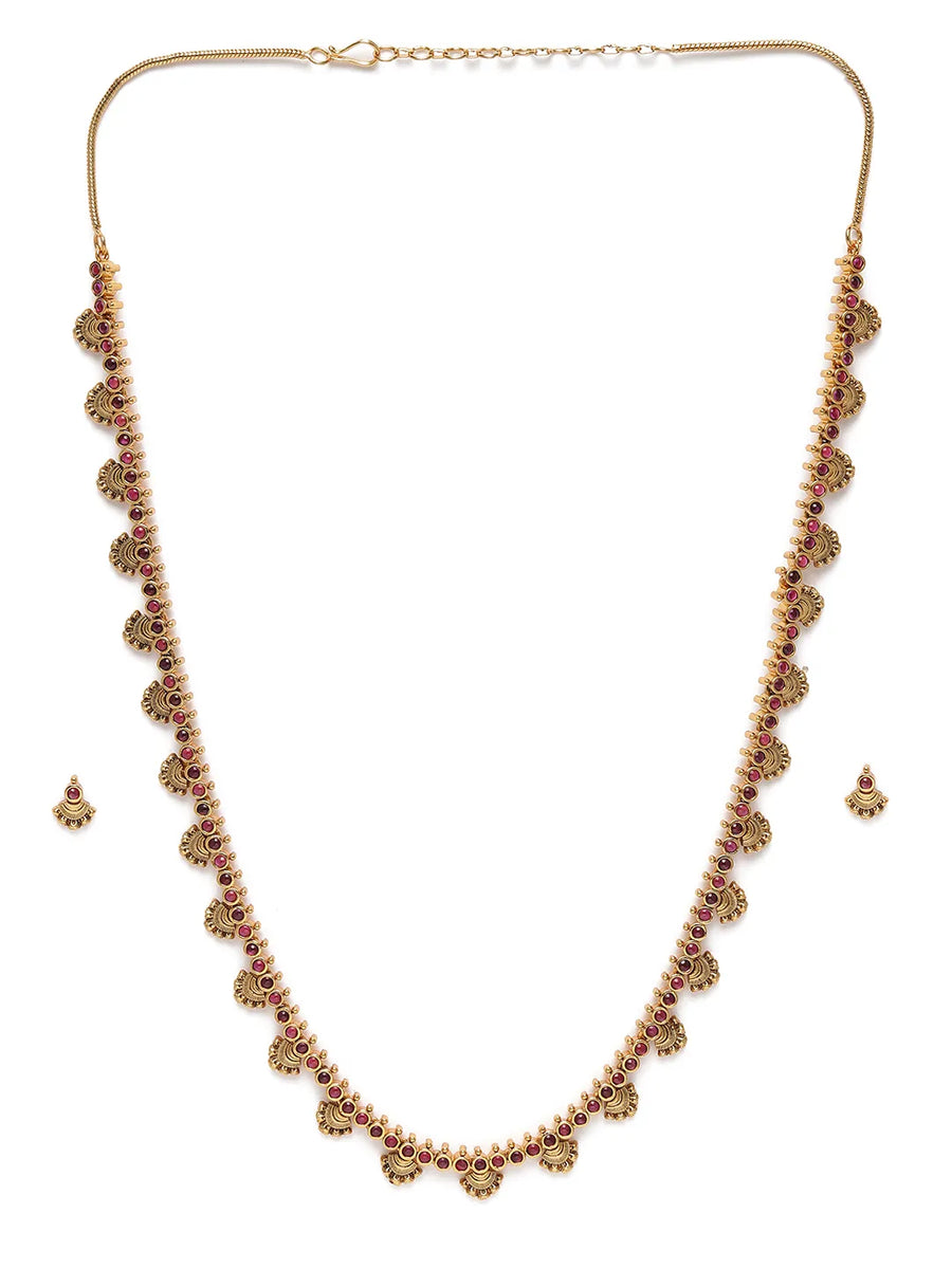 Heritage Faux Ruby Bliss Ethnic Necklace. Golden Necklace with red ruby stones with pair of earrings. Ideal for ethnic wear, festive & special occasions. 
