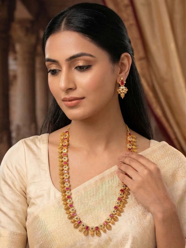 Peora Lakshmi Coin Temple Long Necklace Set