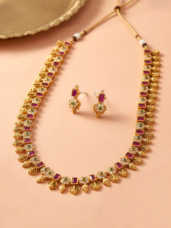 Peora Lakshmi Coin Temple Long Necklace Set