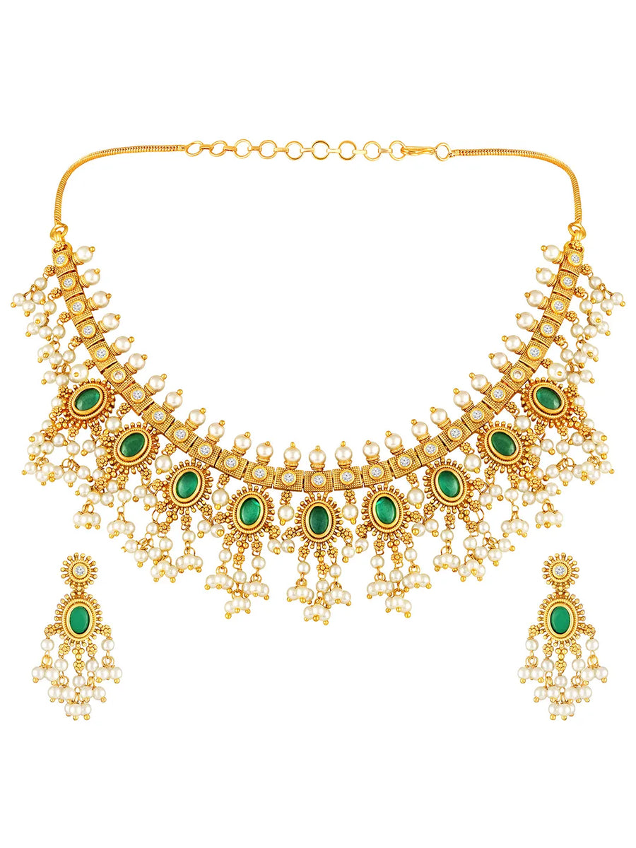 Ethnic Charm Emerald Pearl Necklace - Green