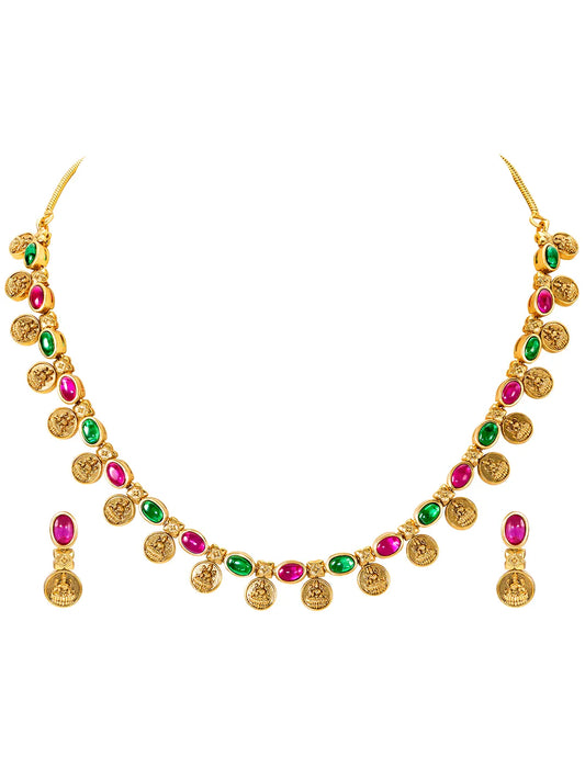 Lakshmi Coin Necklace Set with Pink & Green Stones