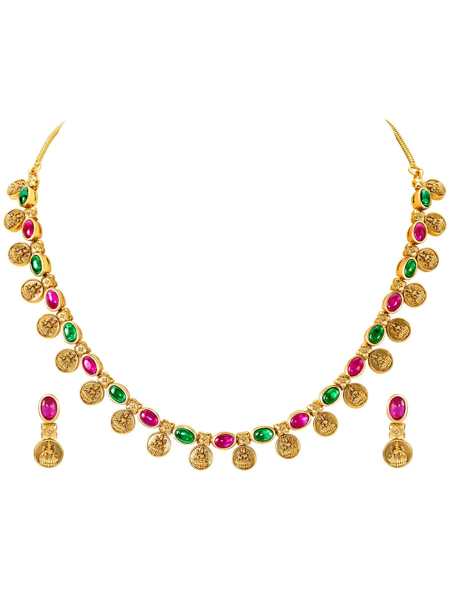 Lakshmi Coin Necklace Set with Pink & Green Stones