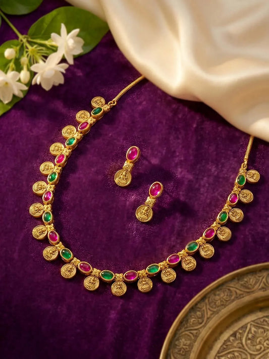 Lakshmi Coin Necklace Set with Pink & Green Stones