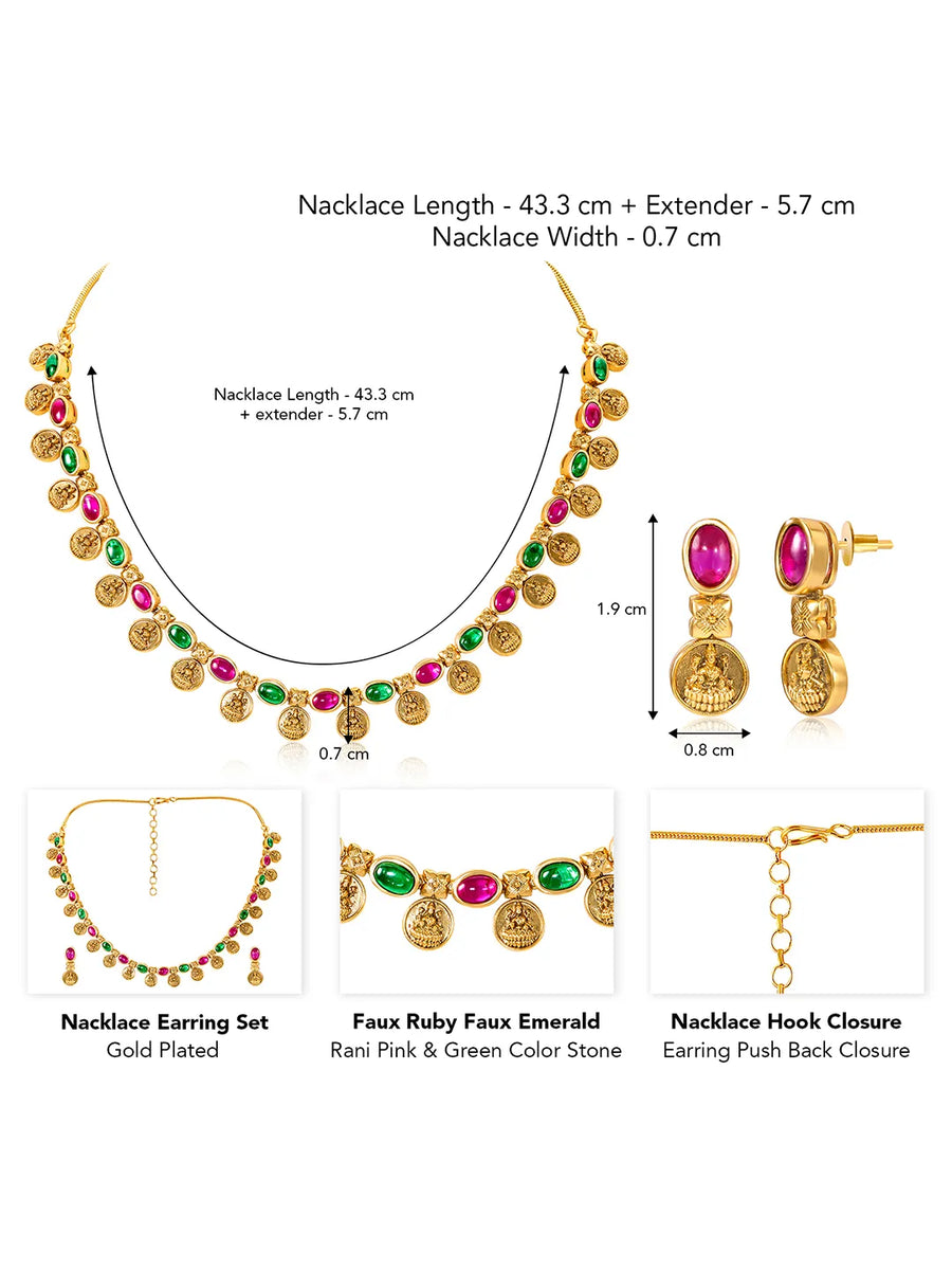 Lakshmi Coin Necklace Set with Pink & Green Stones