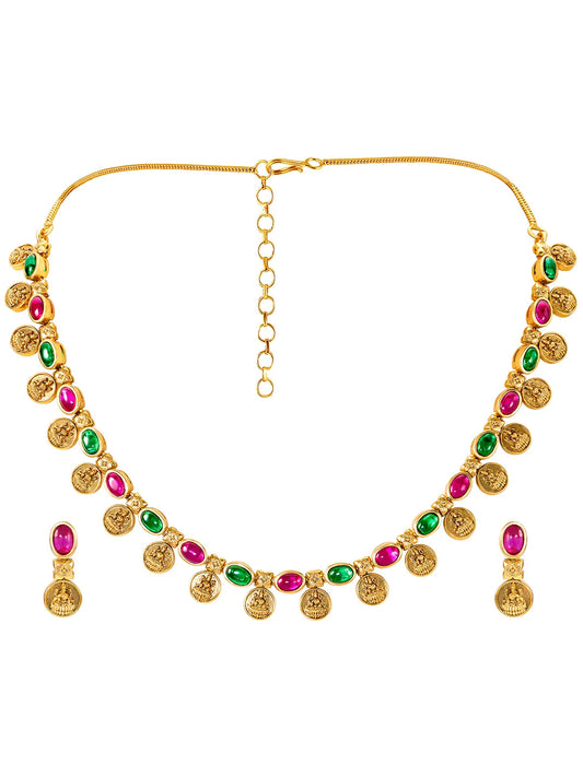 Lakshmi Coin Necklace Set with Pink & Green Stones