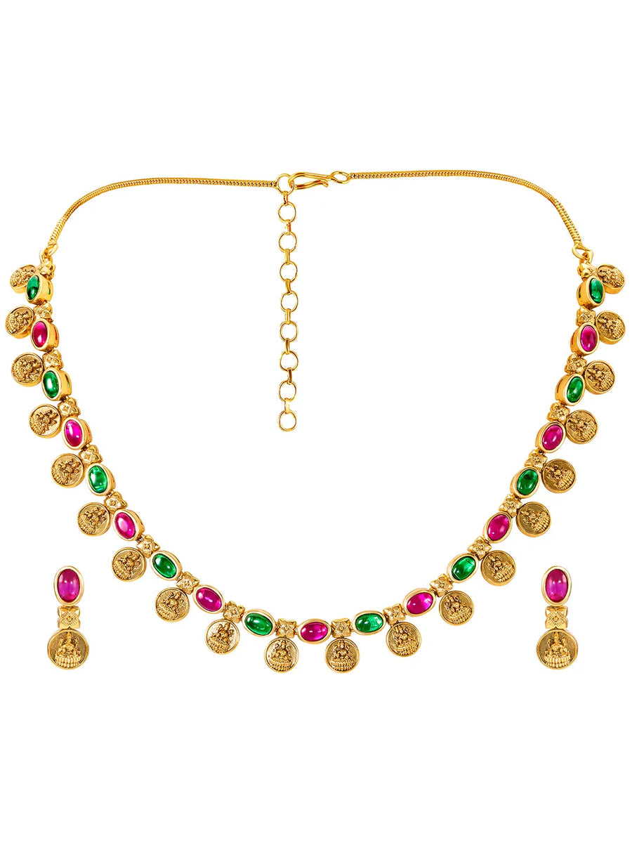 Lakshmi Coin Necklace Set with Pink & Green Stones