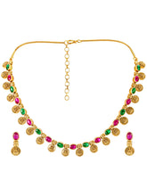 Lakshmi Coin Necklace Set with Pink & Green Stones