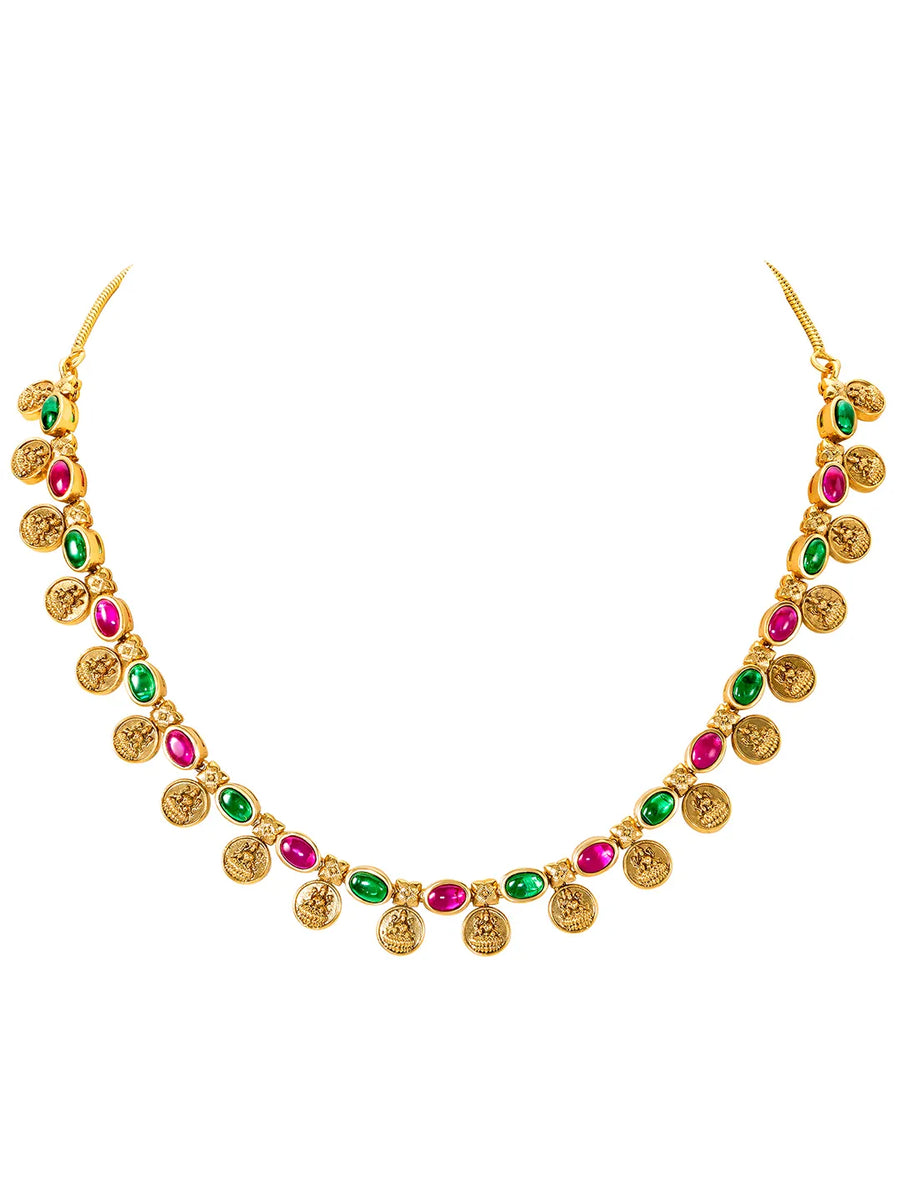 Lakshmi Coin Necklace Set with Pink & Green Stones