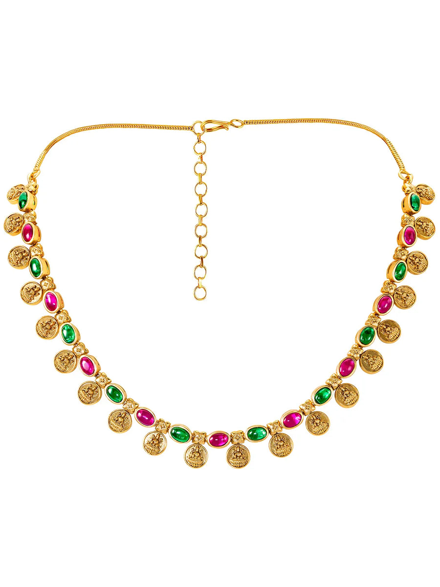 Lakshmi Coin Necklace Set with Pink & Green Stones