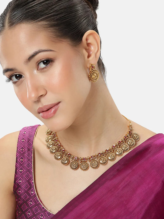 Temple Heritage Coin Necklace Set - Gold - Rani Pink