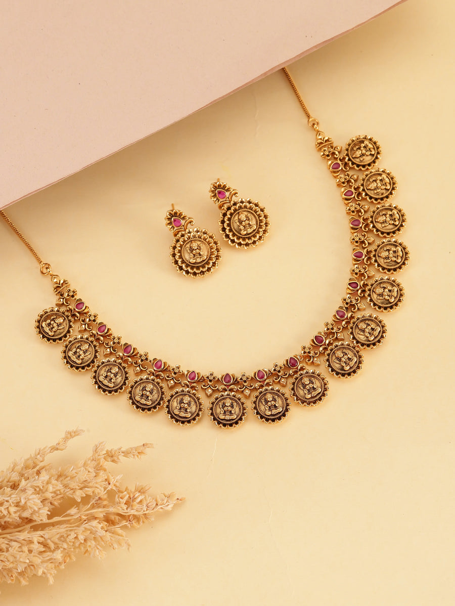 Temple Heritage Coin Necklace Set - Gold - Rani Pink