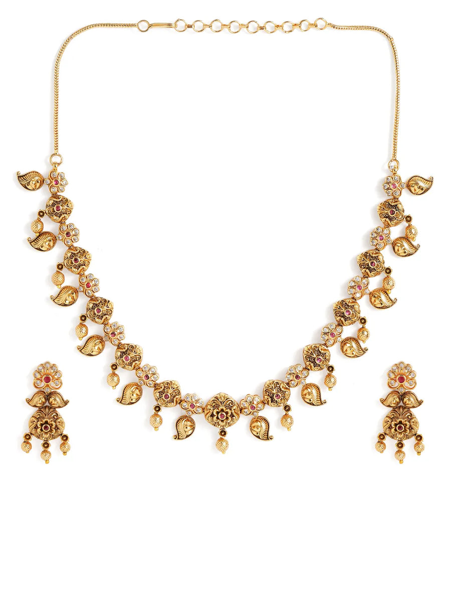 Floral Leaf Temple Necklace with Earring