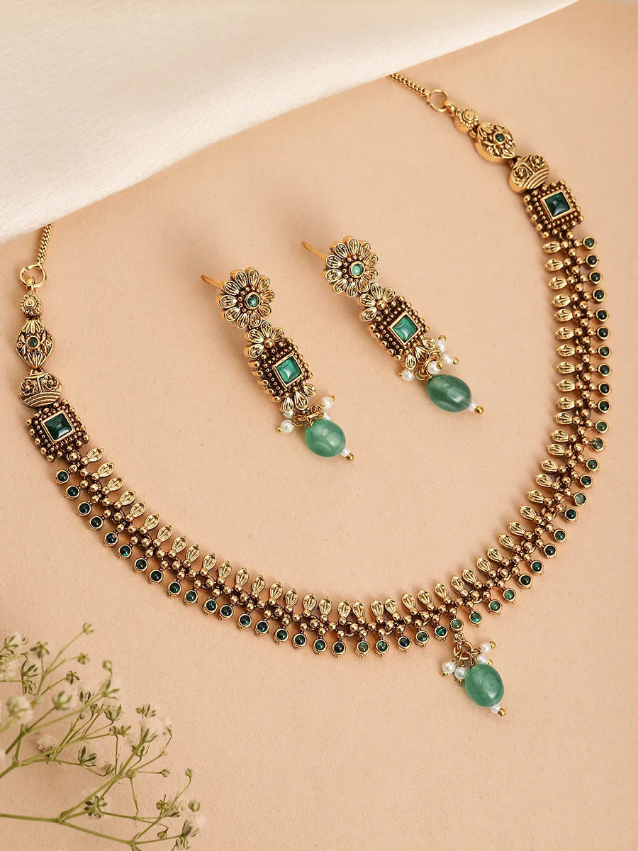 Timeless Ethnic Inspired Necklace Set. Gold and green beaded necklace and earrings. Best for special occasions & Weddings.