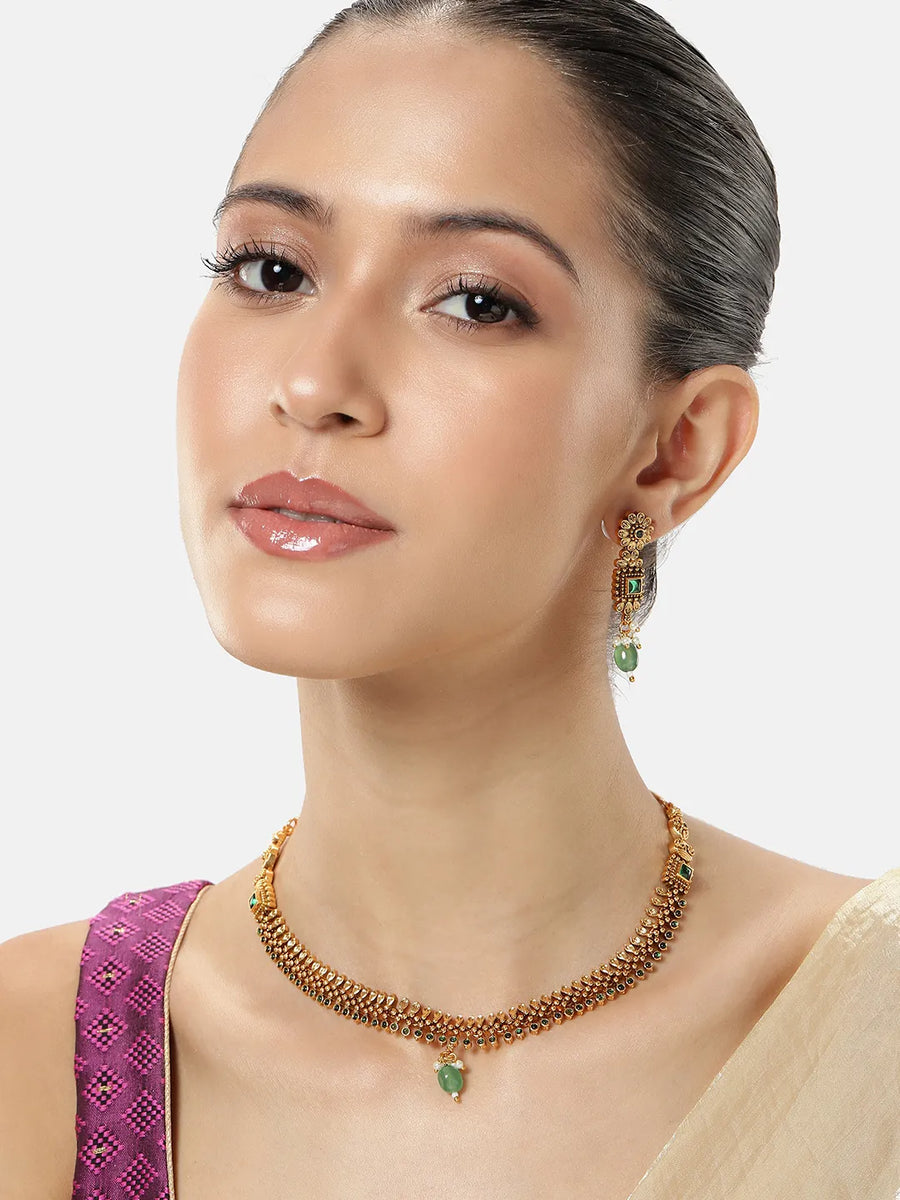 Timeless Ethnic Inspired Necklace Set. Gold and green beaded necklace and earrings. Best for special occasions & Weddings.