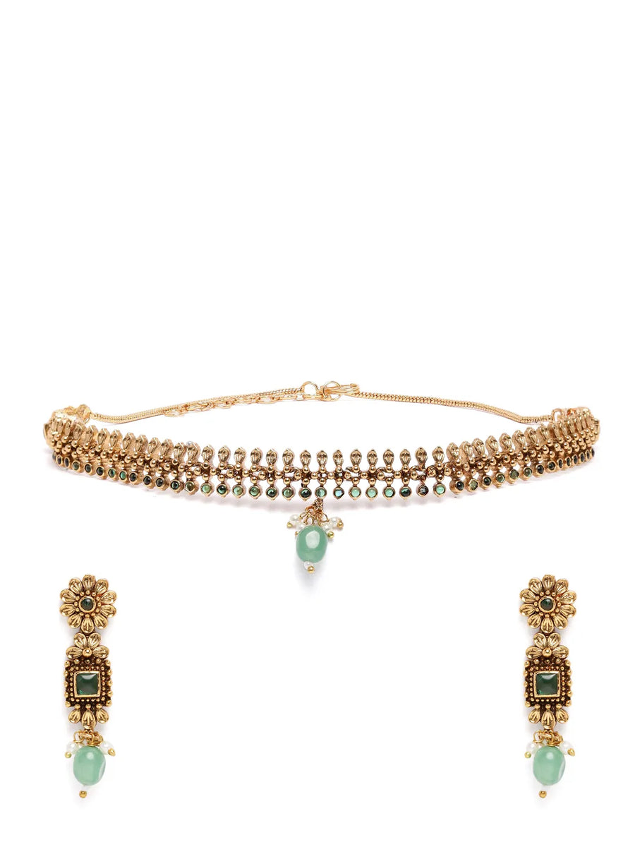 Timeless Ethnic Inspired Necklace Set. Gold and green beaded necklace and earrings. Best for special occasions & Weddings.