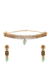 Timeless Ethnic Inspired Necklace Set. Gold and green beaded necklace and earrings. Best for special occasions & Weddings.