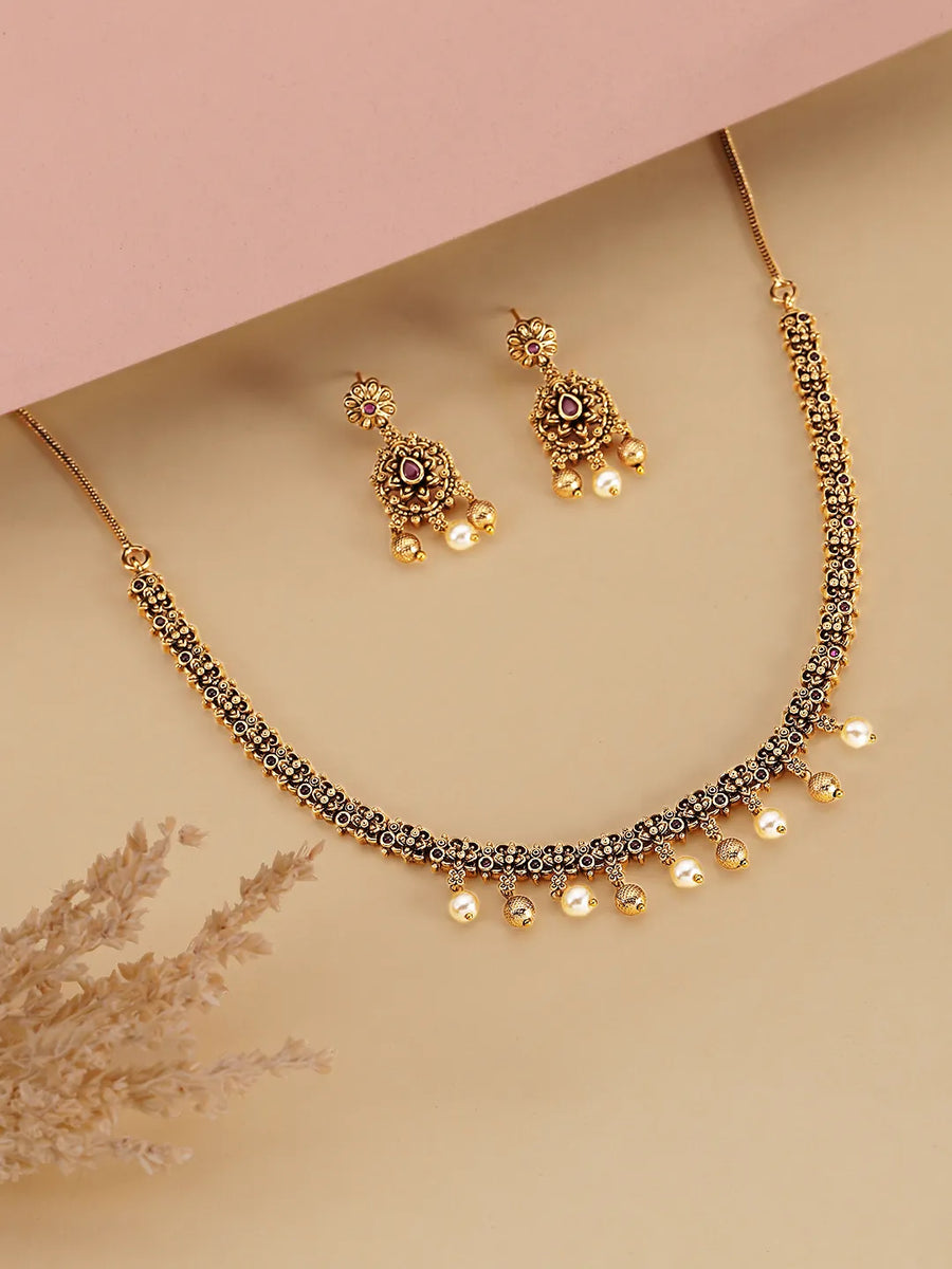 Royal Temple Choker with Dangling Pearls. Gold necklace and earrings set. Best for festive, ethnic looks & minimal ethnic looks.