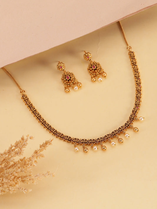 Royal Temple Choker with Dangling Pearls. Gold necklace and earrings set. Best for festive, ethnic looks & minimal ethnic looks.