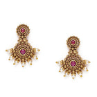 Elegant Faux Ruby Beaded Necklace Set. Gold necklace with pink stones and matching earrings. Best for ethnic, festive wear & special occasion. 