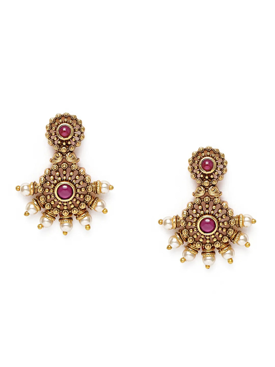 Elegant Faux Ruby Beaded Necklace Set. Gold necklace with pink stones and matching earrings. Best for ethnic, festive wear & special occasion. 