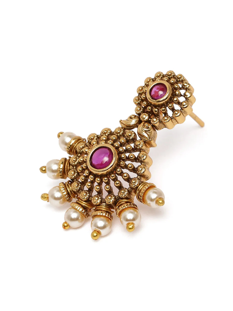 Elegant Faux Ruby Beaded Necklace Set. Gold necklace with pink stones and matching earrings. Best for ethnic, festive wear & special occasion. 