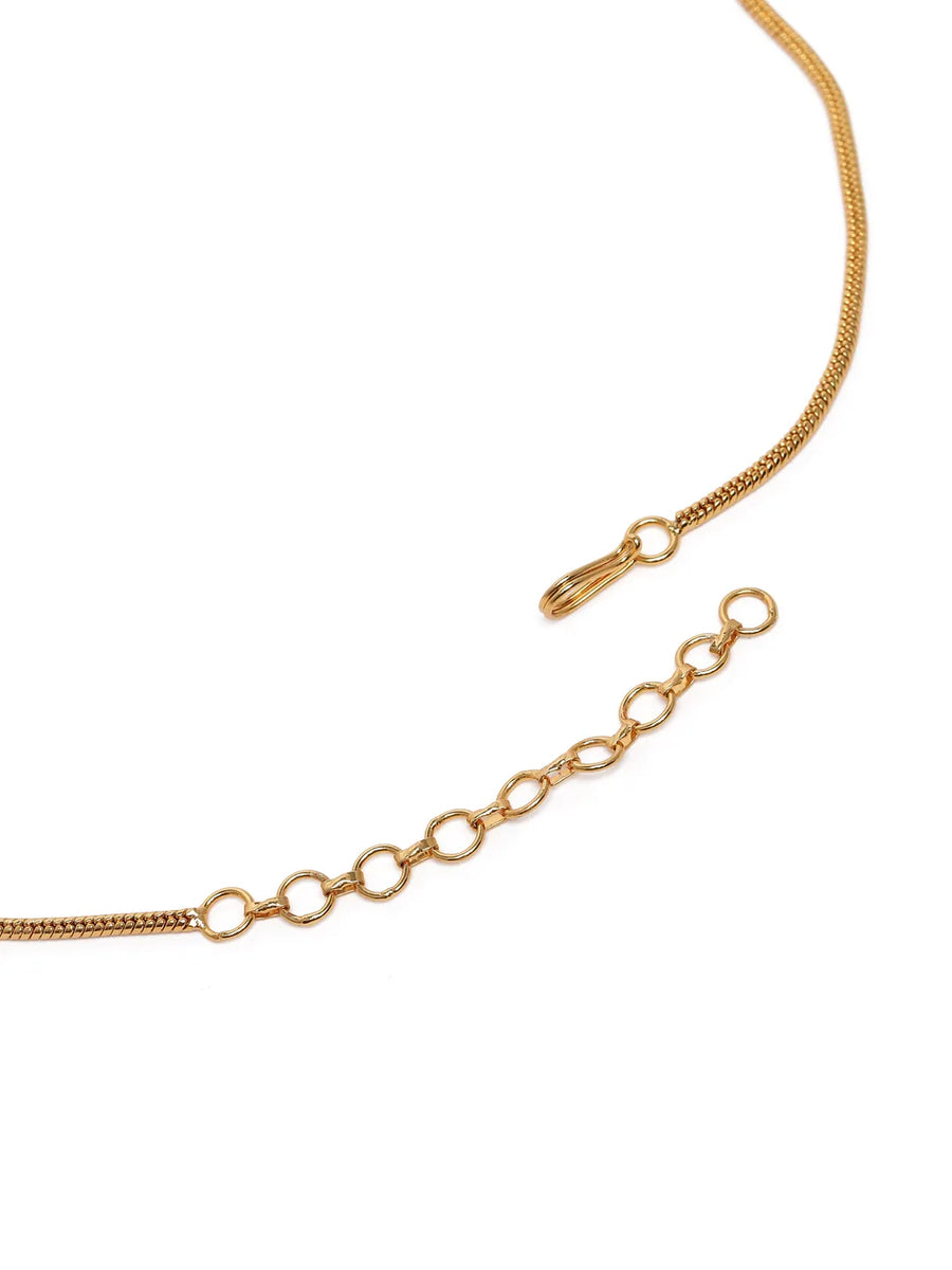 Elegant Faux Ruby Beaded Necklace Set. Gold necklace with pink stones and matching earrings. Best for ethnic, festive wear & special occasion. 