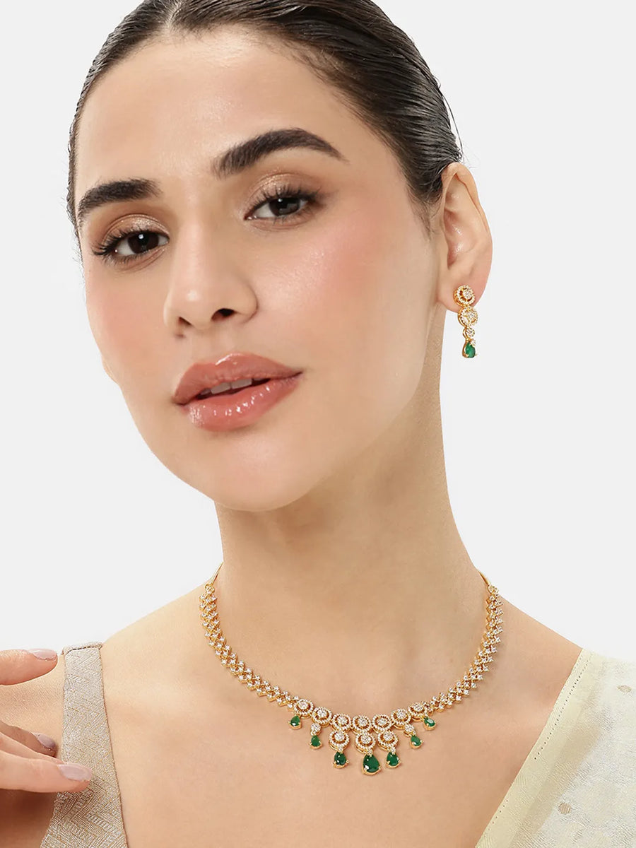 Elegant Emerald Drop CZ Necklace Set - Gold - Green