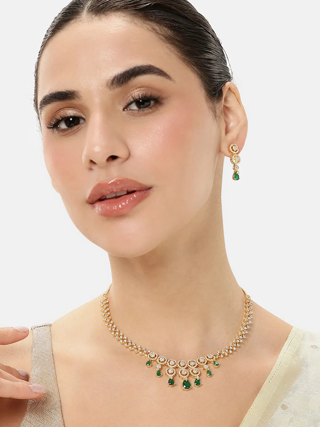 Elegant Emerald Drop CZ Necklace Set