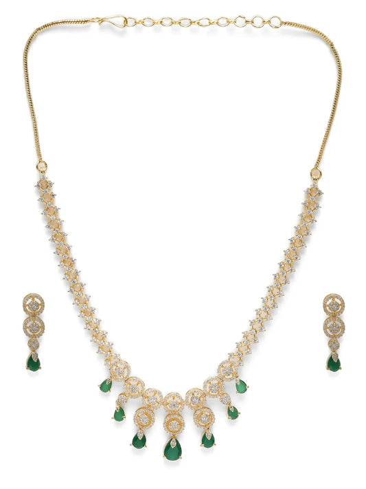 Elegant Emerald Drop CZ Necklace Set - Gold - Green