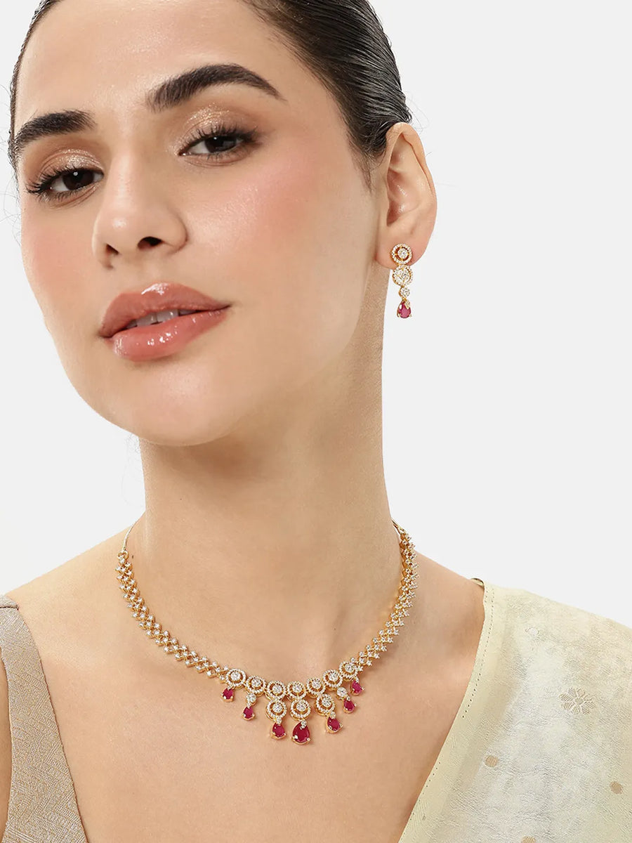 Elegant Emerald Drop CZ Necklace Set - Gold - Red