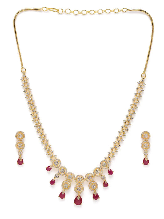 Elegant Emerald Drop CZ Necklace Set - Gold - Red