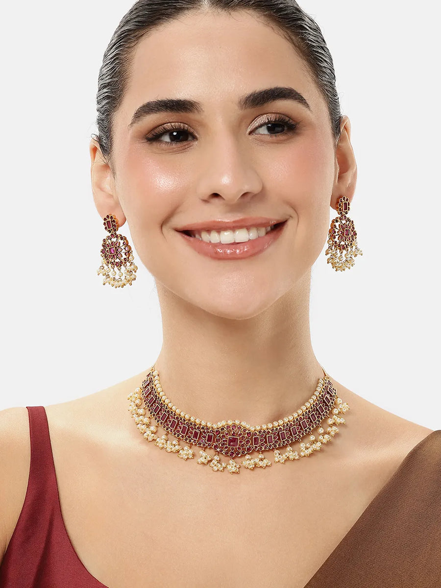Faux Ruby and Pearl Royalty Necklace Set