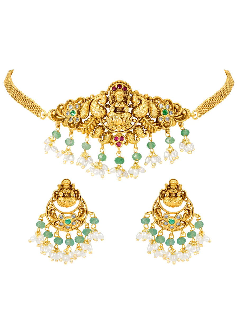 Antique Lakshmi Gold Choker Set with Pearls