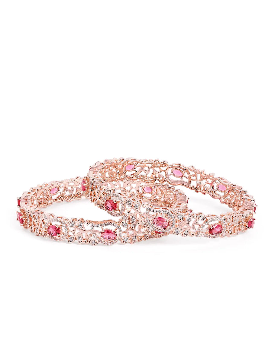 Sapphire Leaf CZ Bangle Set for Women - Rose Gold & Red