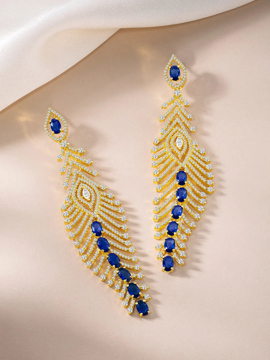 Feather Design CZ Studded Drop Earrings