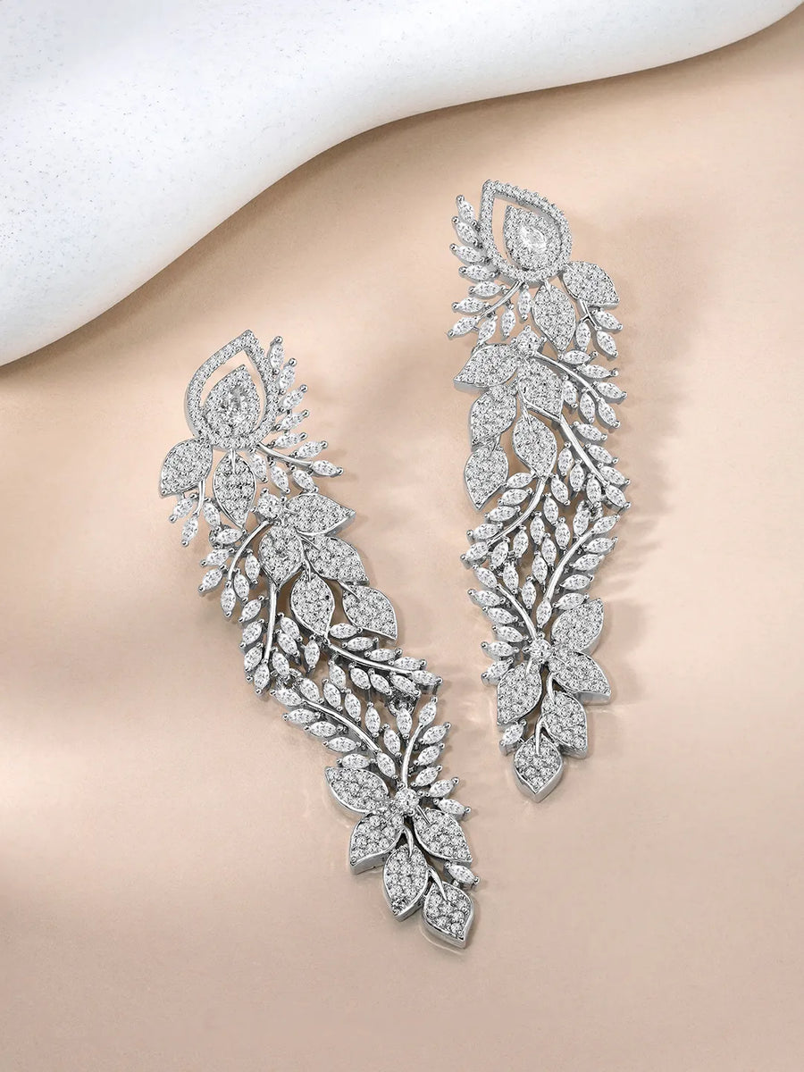 Leaf Accent CZ Studded Drop Earrings