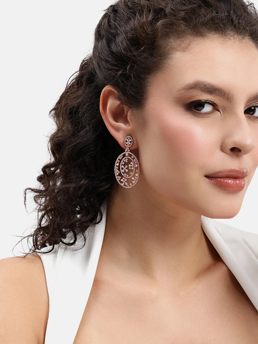 Elegant Floral CZ Drop Earrings - Rose Gold
