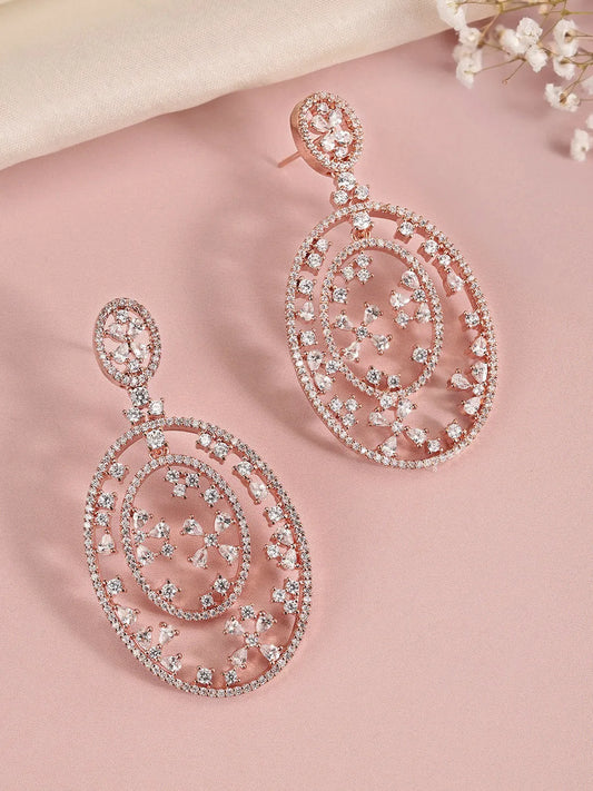 Elegant Floral CZ Drop Earrings - Rose Gold