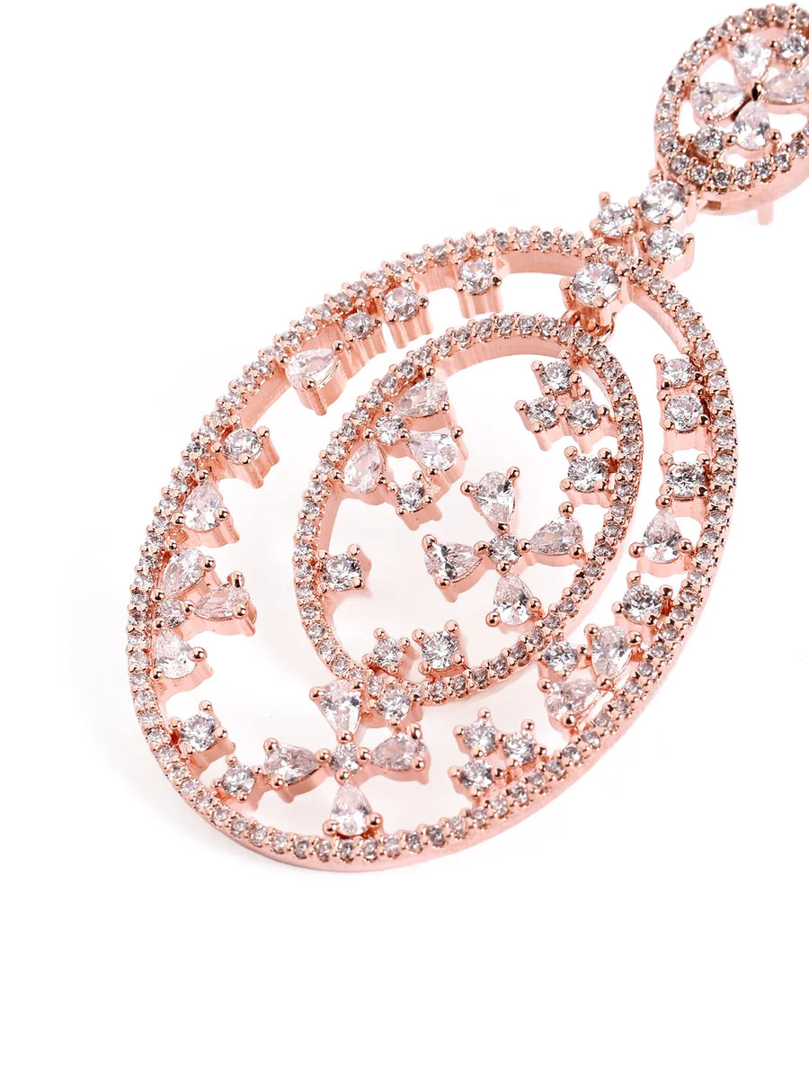 Elegant Floral CZ Drop Earrings - Rose Gold