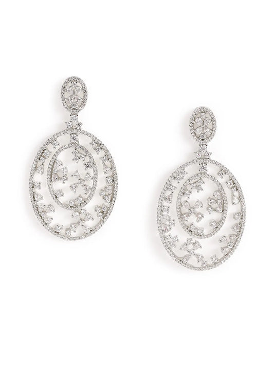 Elegant Floral CZ Drop Earrings - Silver