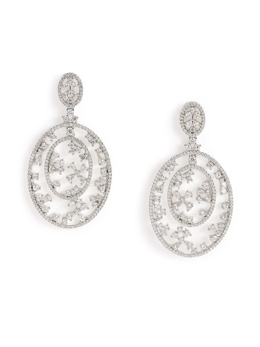 Elegant Floral CZ Drop Earrings - Silver