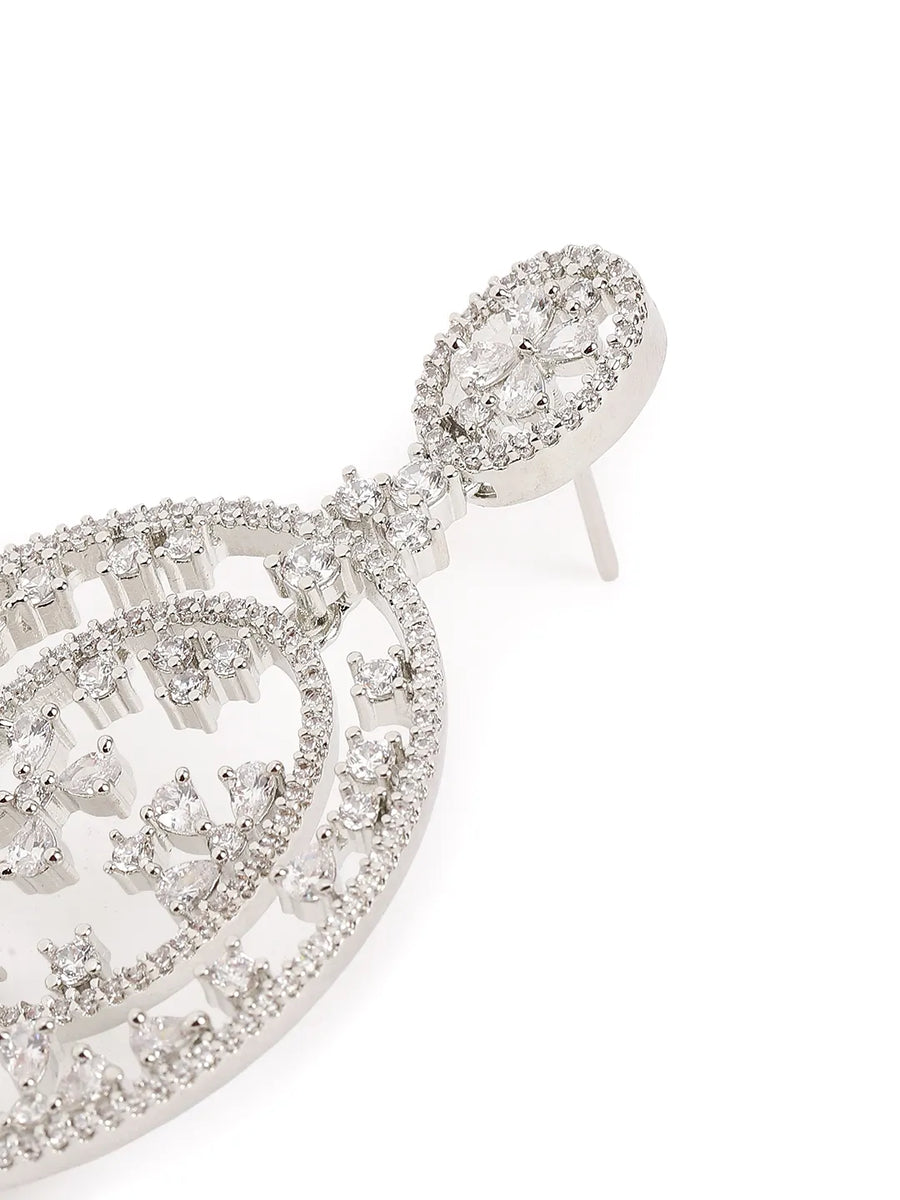 Elegant Floral CZ Drop Earrings - Silver