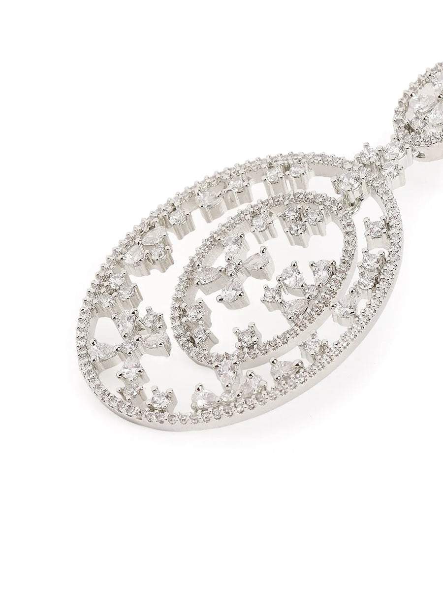 Elegant Floral CZ Drop Earrings - Silver